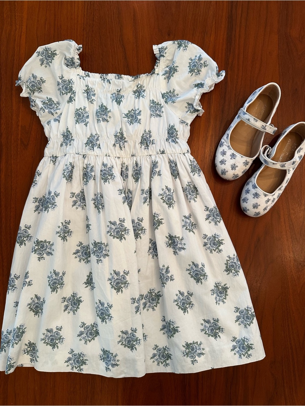 Born on fifth X edgehill Girls White Floral Dress with Blue Print and shoes